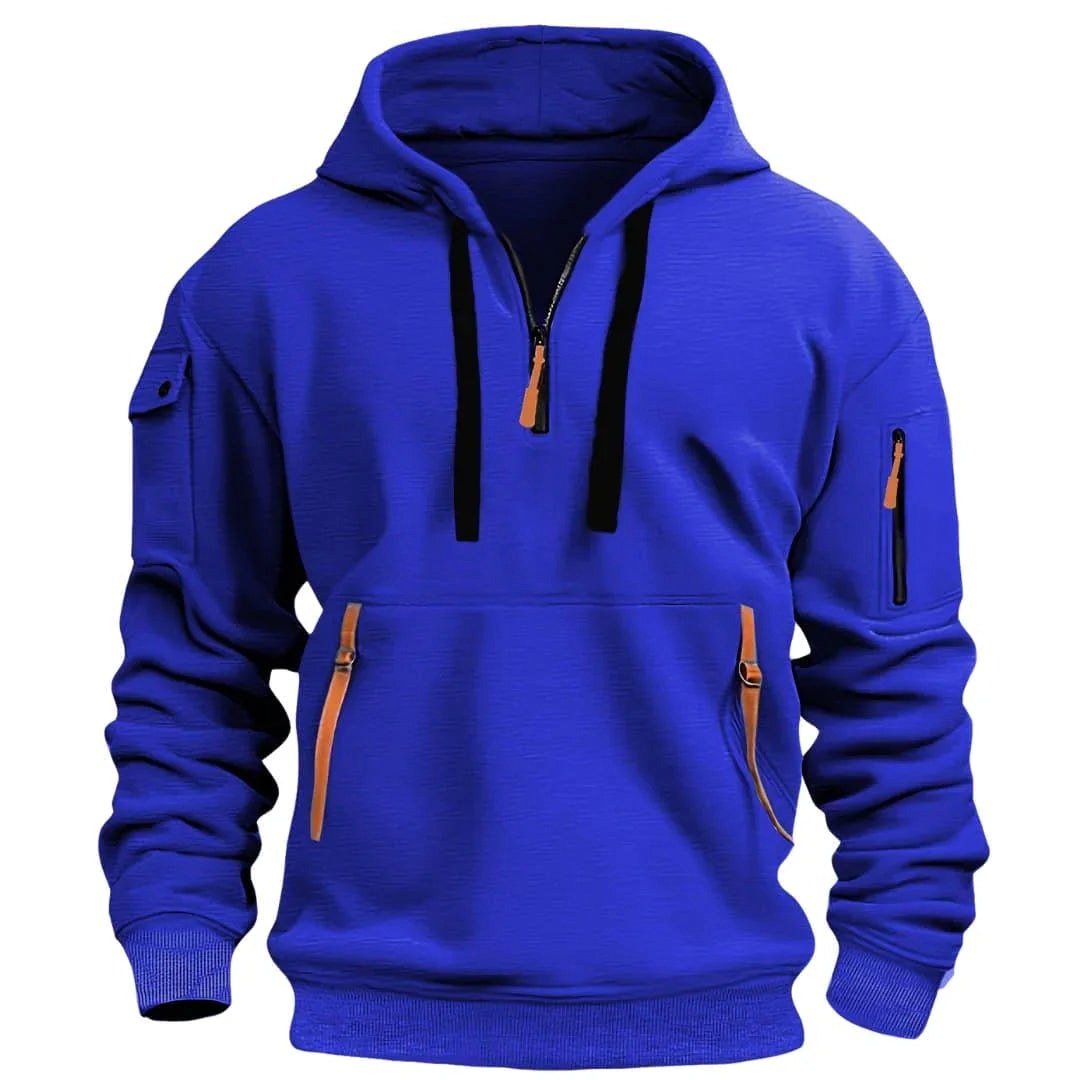 David | Men's Lightweight Hoodie with Adjustable Hood and Half-Zipper, Relaxed-Fit Hooded Jumper | Bella Blue
