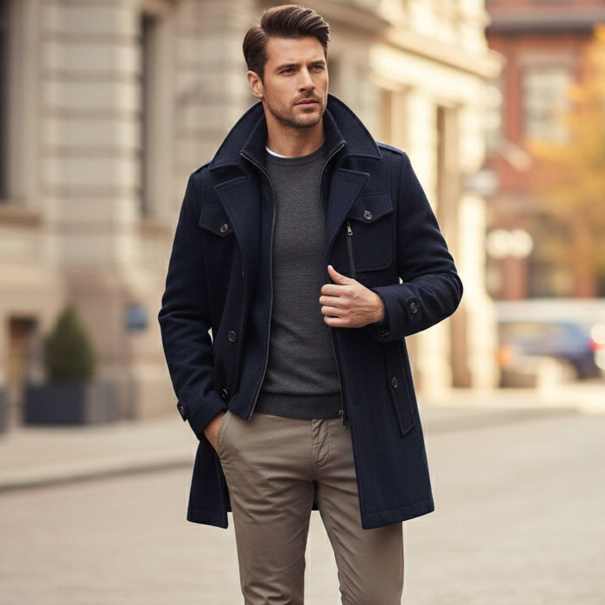 Dean | Men's Wool Blend Winter Coat, Structured Trench-Inspired Coat | Bella Blue