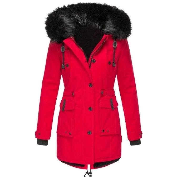 Delaney | Women's Hooded Parka Coat, Full-Length Winter Coat | Bella Blue | Red