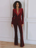 Delphine | Women's Single-Button Blazer Flare Trouser Set, Contrast Lapel Two-Piece Suit | Bella Blue | Red