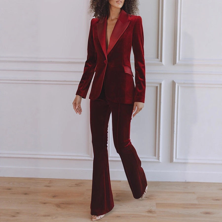 Delphine | Women's Single-Button Blazer Flare Trouser Set, Contrast Lapel Two-Piece Suit | Bella Blue | Black