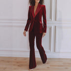 Delphine | Women's Single-Button Blazer Flare Trouser Set, Contrast Lapel Two-Piece Suit | Bella Blue | Black
