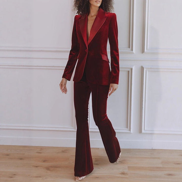 Delphine | Women's Single-Button Blazer Flare Trouser Set, Contrast Lapel Two-Piece Suit | Bella Blue | Black