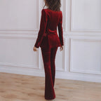 Delphine | Women's Single-Button Blazer Flare Trouser Set, Contrast Lapel Two-Piece Suit | Bella Blue