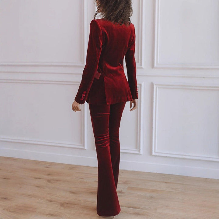 Delphine | Women's Single-Button Blazer Flare Trouser Set, Contrast Lapel Two-Piece Suit | Bella Blue