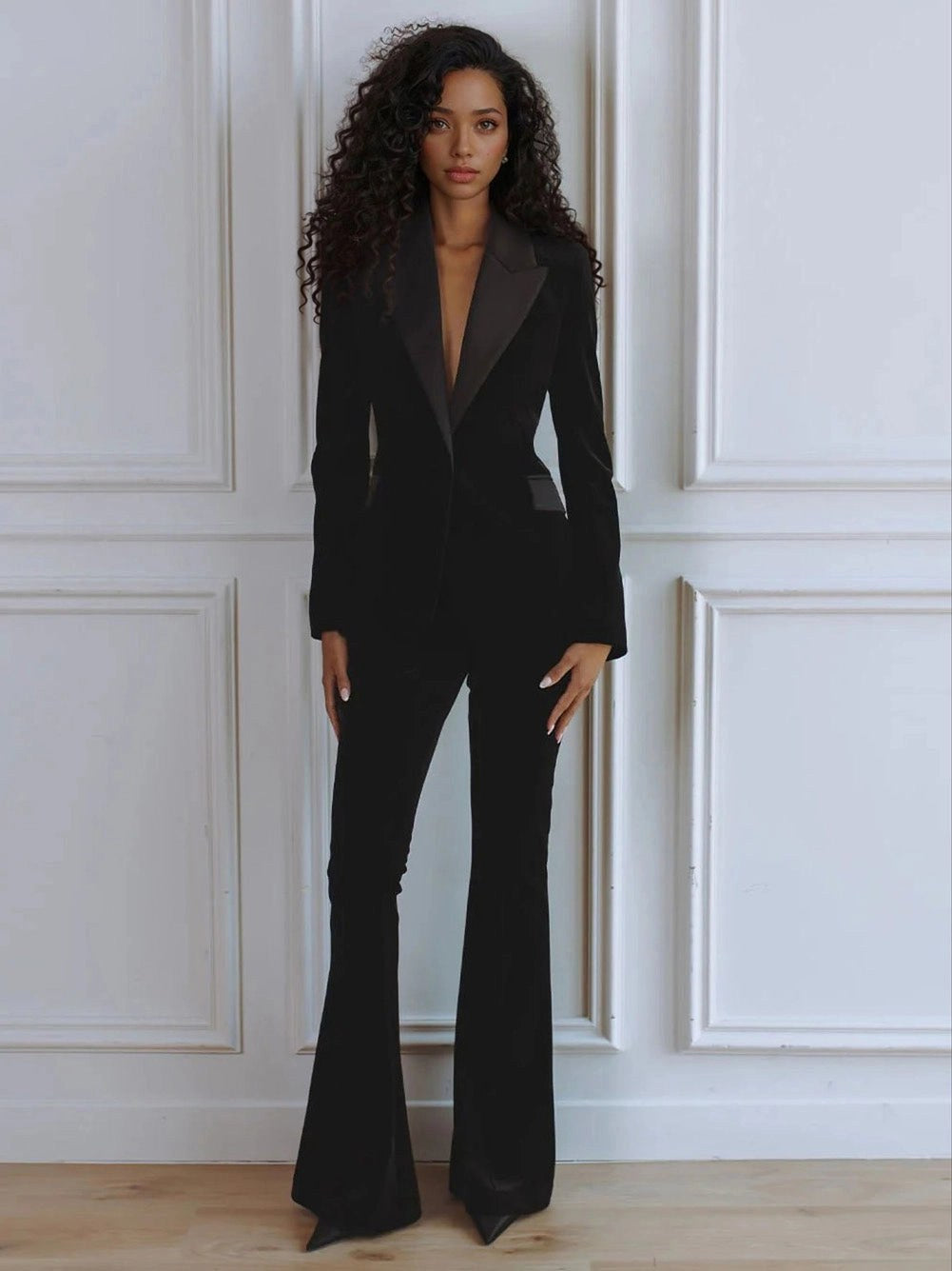 Delphine | Women's Single-Button Blazer Flare Trouser Set, Contrast Lapel Two-Piece Suit | Bella Blue