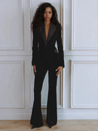 Delphine | Women's Single-Button Blazer Flare Trouser Set, Contrast Lapel Two-Piece Suit | Bella Blue