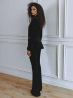 Delphine | Women's Single-Button Blazer Flare Trouser Set, Contrast Lapel Two-Piece Suit | Bella Blue