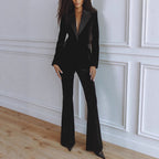 Delphine | Women's Single-Button Blazer Flare Trouser Set, Contrast Lapel Two-Piece Suit | Bella Blue