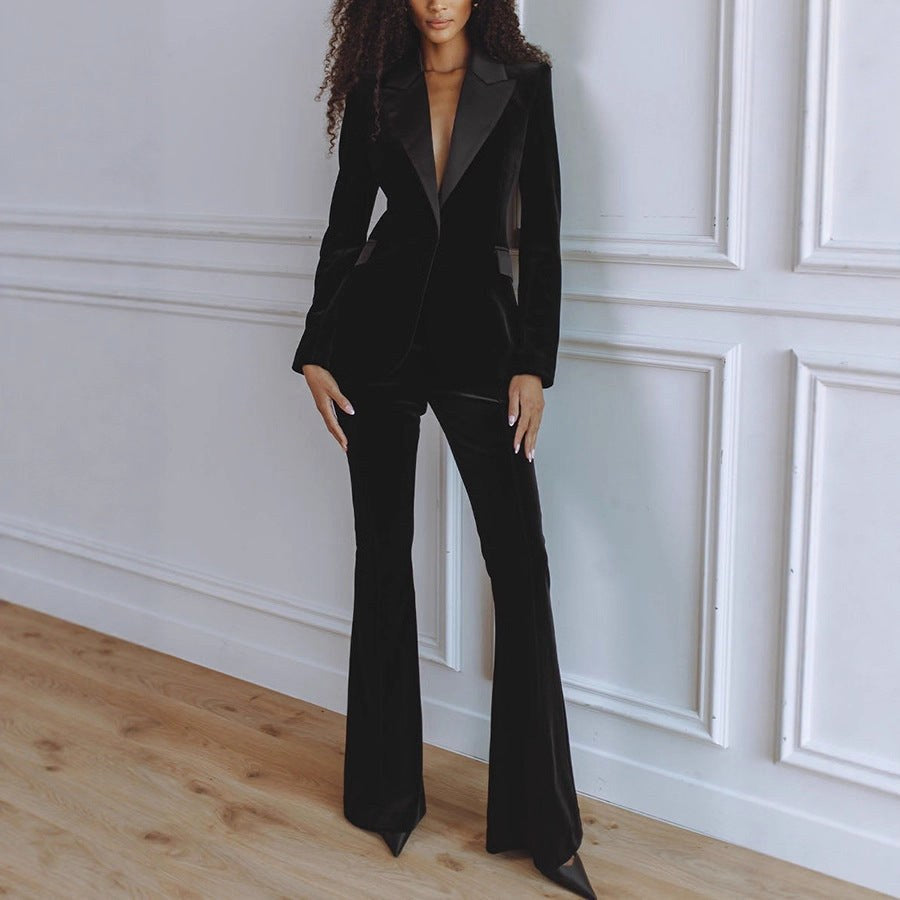 Delphine | Women's Single-Button Blazer Flare Trouser Set, Contrast Lapel Two-Piece Suit | Bella Blue