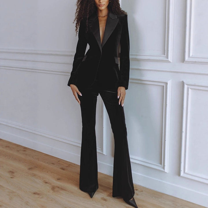 Delphine | Women's Single-Button Blazer Flare Trouser Set, Contrast Lapel Two-Piece Suit | Bella Blue