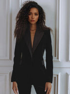 Delphine | Women's Single-Button Blazer Flare Trouser Set, Contrast Lapel Two-Piece Suit | Bella Blue