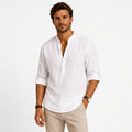 Devin | Women's Linen Popover Shirt with Stand Collar, Relaxed Resort Blouse | Bella Blue