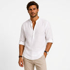 Devin | Women's Linen Popover Shirt with Stand Collar, Relaxed Resort Blouse | Bella Blue