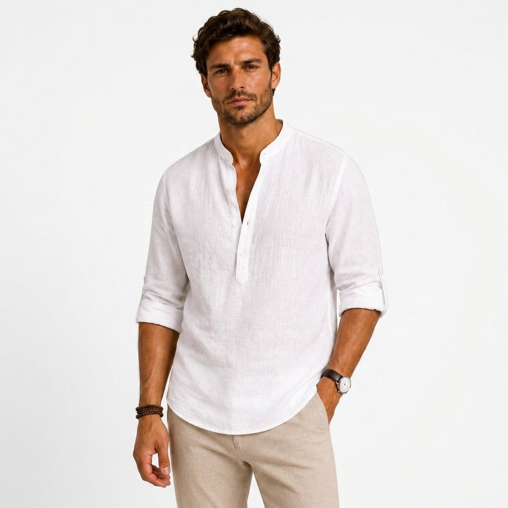 Devin | Women's Linen Popover Shirt with Stand Collar, Relaxed Resort Blouse | Bella Blue