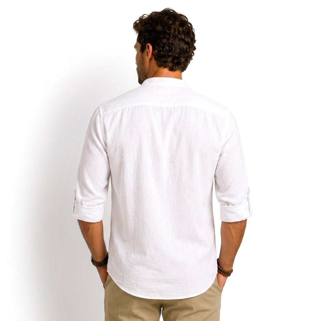 Devin | Women's Linen Popover Shirt with Stand Collar, Relaxed Resort Blouse | Bella Blue
