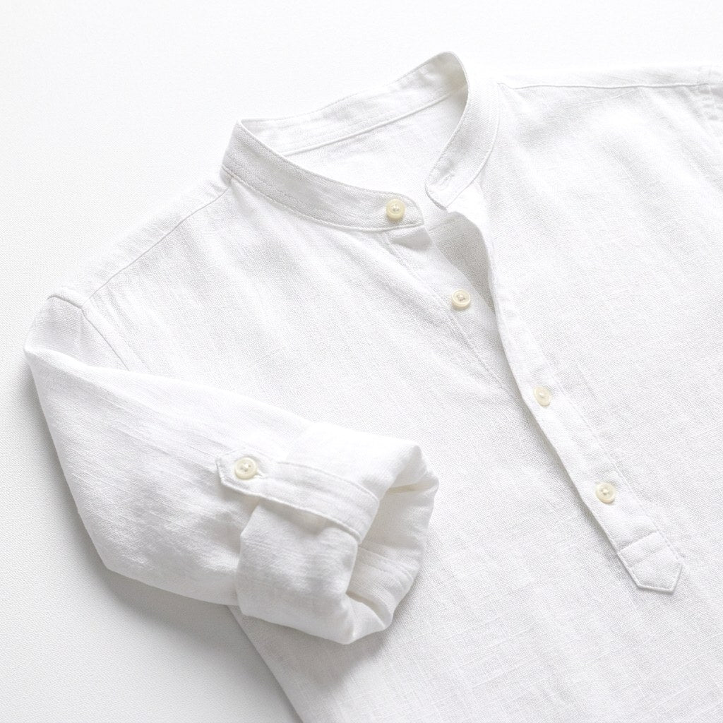 Devin | Women's Linen Popover Shirt with Stand Collar, Relaxed Resort Blouse | Bella Blue