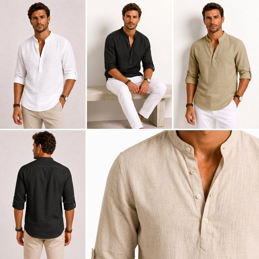 Devin | Women's Linen Popover Shirt with Stand Collar, Relaxed Resort Blouse | Bella Blue