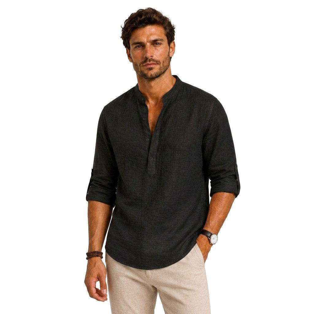 Devin | Women's Linen Popover Shirt with Stand Collar, Relaxed Resort Blouse | Bella Blue