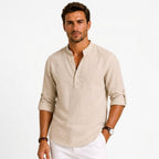 Devin | Women's Linen Popover Shirt with Stand Collar, Relaxed Resort Blouse | Bella Blue