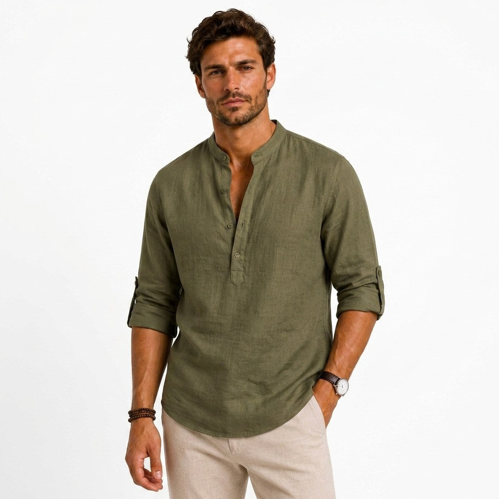 Devin | Women's Linen Popover Shirt with Stand Collar, Relaxed Resort Blouse | Bella Blue
