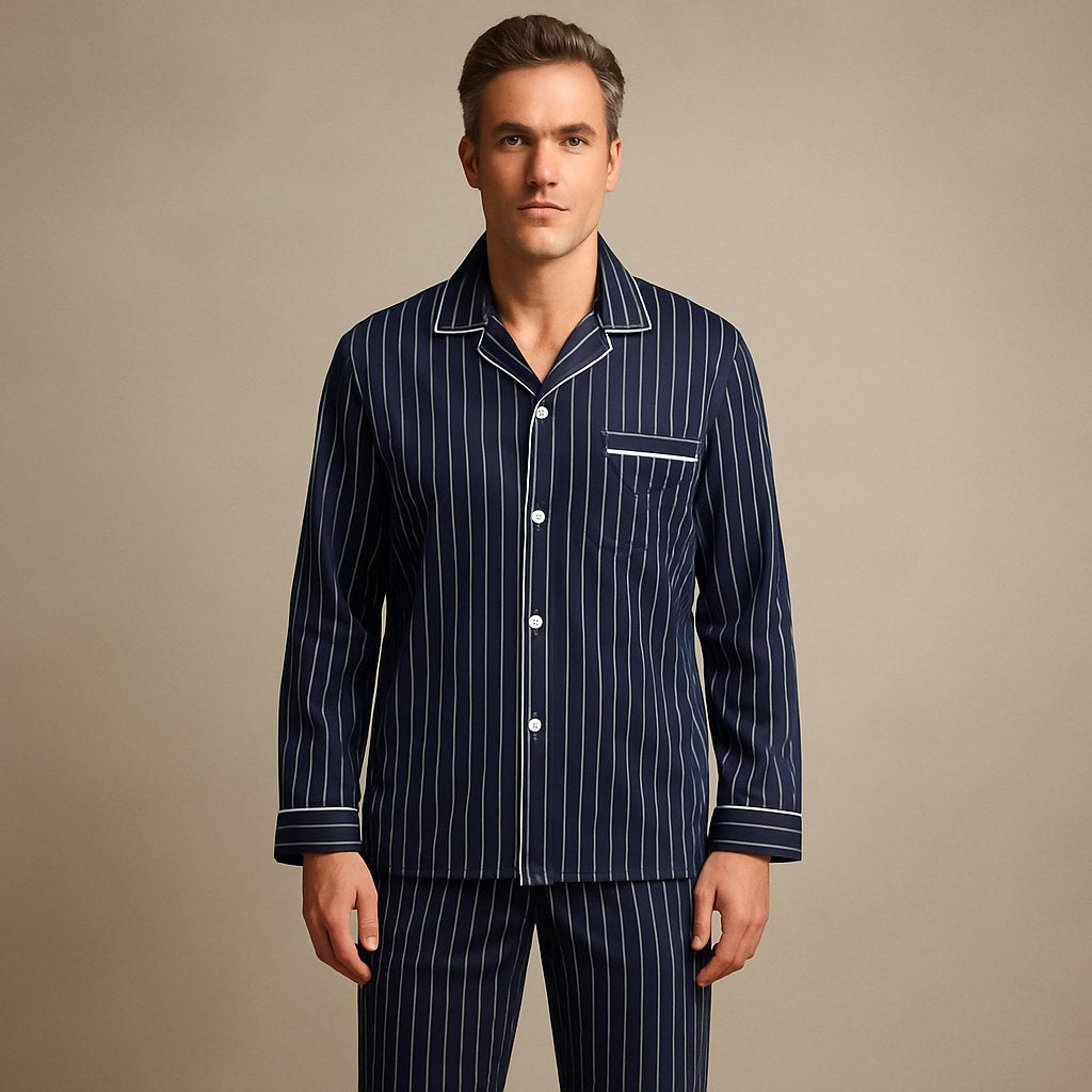 Dieter | Men's Striped Pyjamas with Long Sleeves, Two-Piece Pyjama Set | Bella Blue | Bayeux Blue
