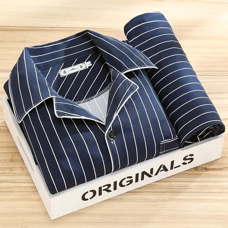 Dieter | Men's Striped Pyjamas with Long Sleeves, Two-Piece Pyjama Set | Bella Blue | Grey-Brown