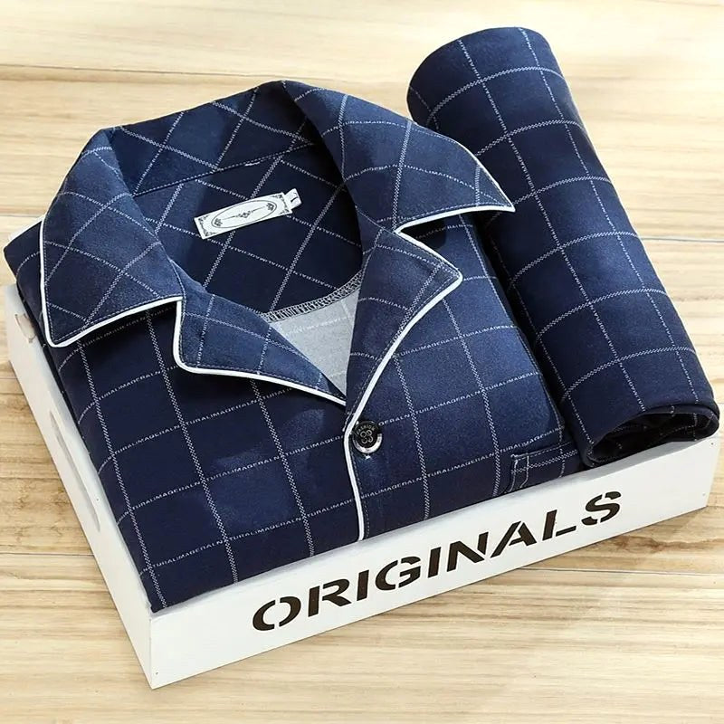 Dieter | Men's Striped Pyjamas with Long Sleeves, Two-Piece Pyjama Set | Bella Blue | Grey-Brown