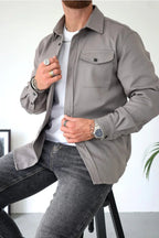 Dominic | Men's Long Sleeve Button-Up Shirt Jacket, Relaxed-Fit Overshirt | Bella Blue | Grey