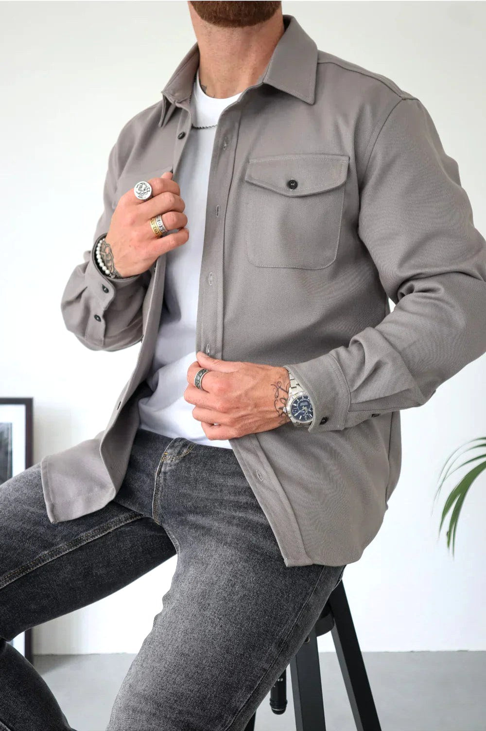 Dominic | Men's Long Sleeve Button-Up Shirt Jacket, Relaxed-Fit Overshirt | Bella Blue | Grey