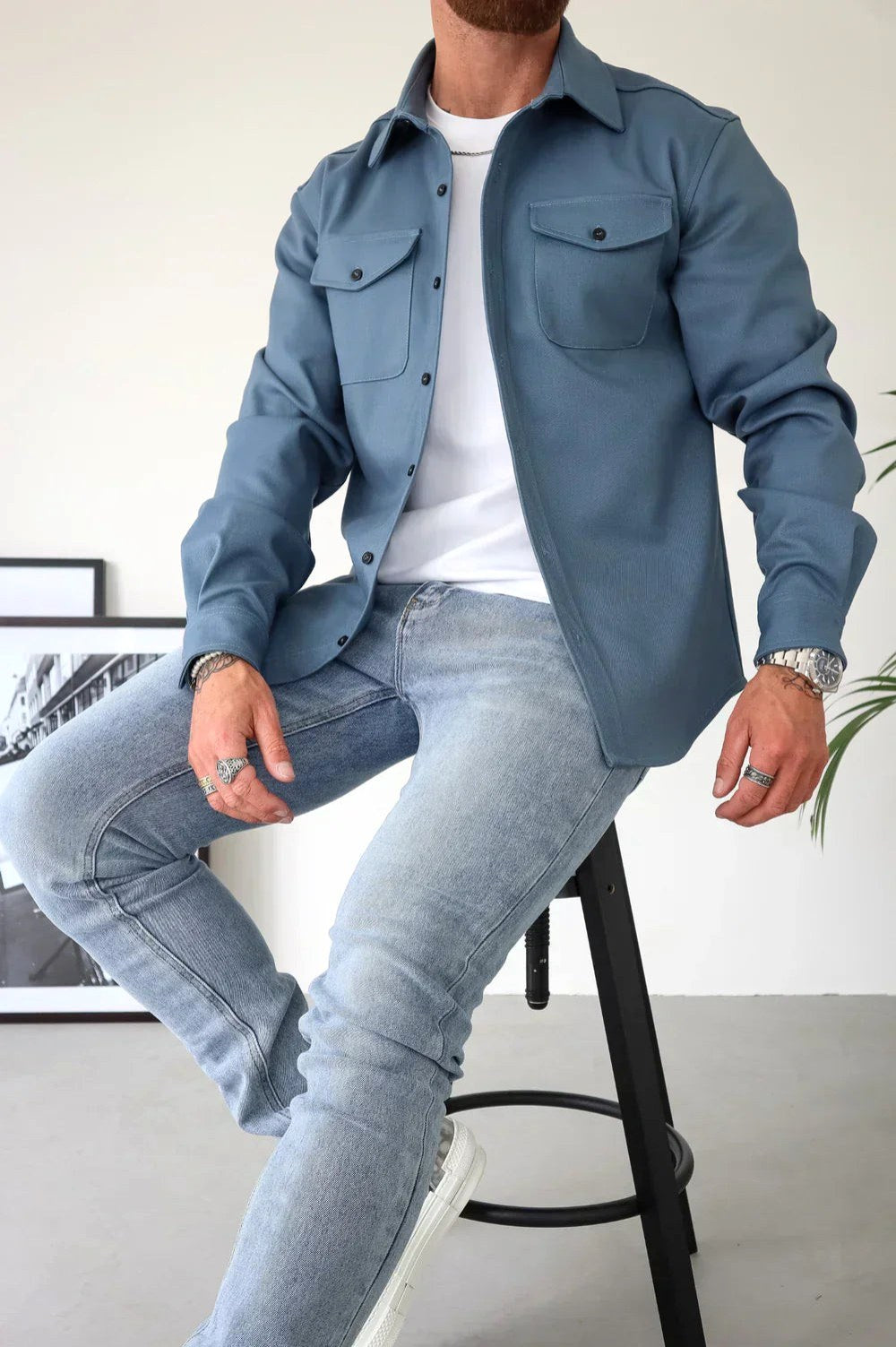 Dominic | Men's Long Sleeve Button-Up Shirt Jacket, Relaxed-Fit Overshirt | Bella Blue