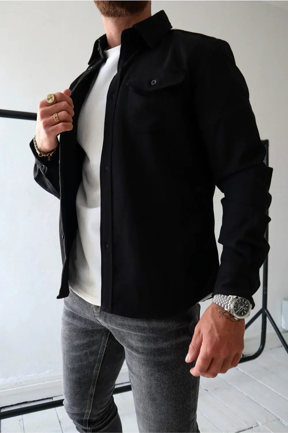 Dominic | Men's Long Sleeve Button-Up Shirt Jacket, Relaxed-Fit Overshirt | Bella Blue | Dark Grey
