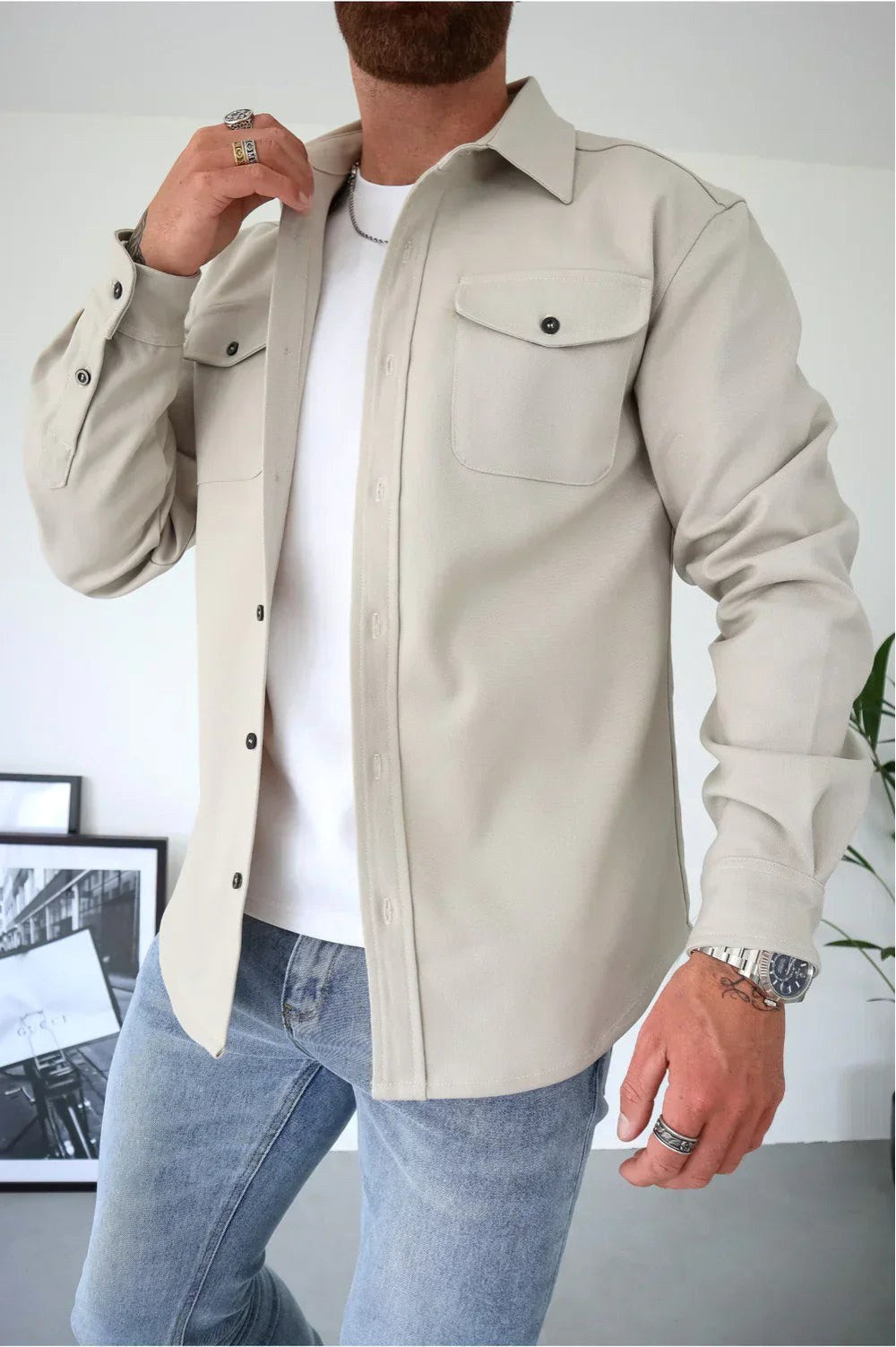 Dominic | Men's Long Sleeve Button-Up Shirt Jacket, Relaxed-Fit Overshirt | Bella Blue | Stone