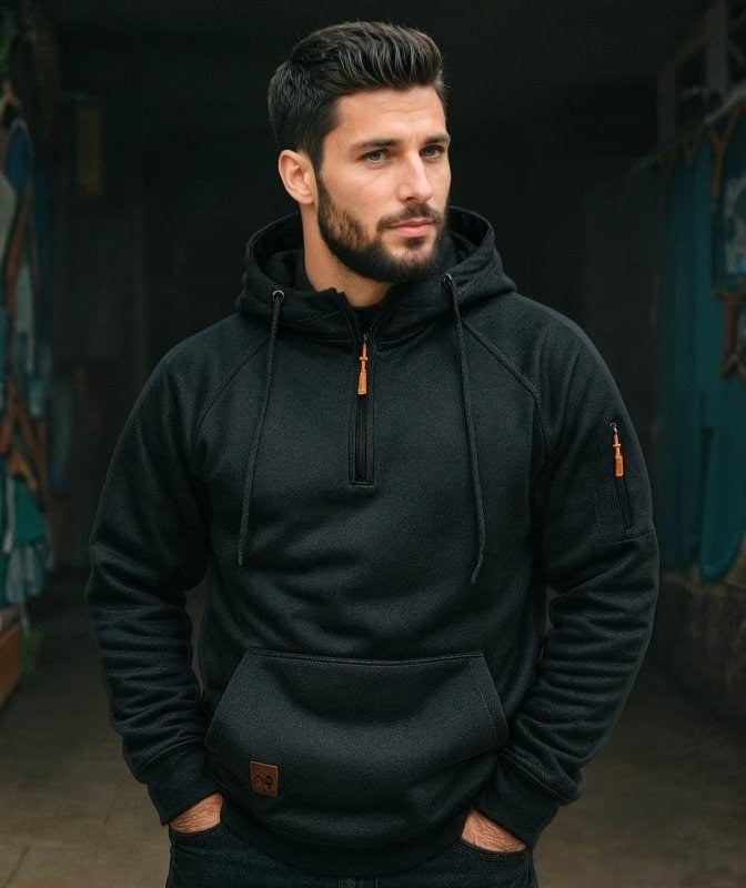 Dylan | Men's Half-Zip Hooded Pullover, Kangaroo Pocket Hoodie | Bella Blue | Dark Gray