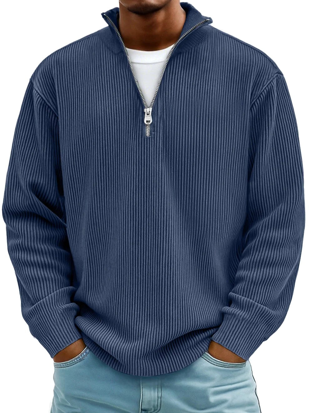 Eckhard | Men's Sweatshirt with Half-Zip and Ribbed Structure, Oversized Sweatshirt | Bella Blue | Blue