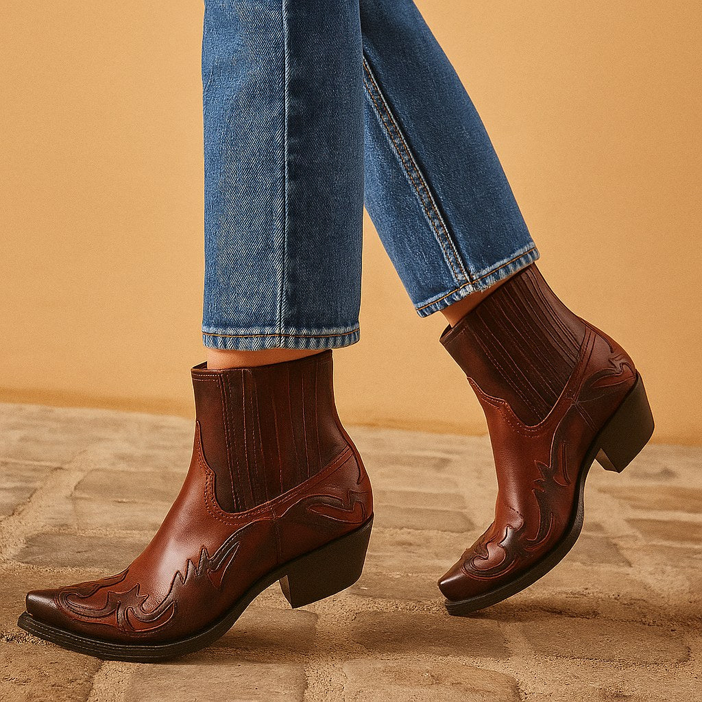 Edith | Women's Leather Cowboy Boots, Western Style Ankle Boots | Bella Blue