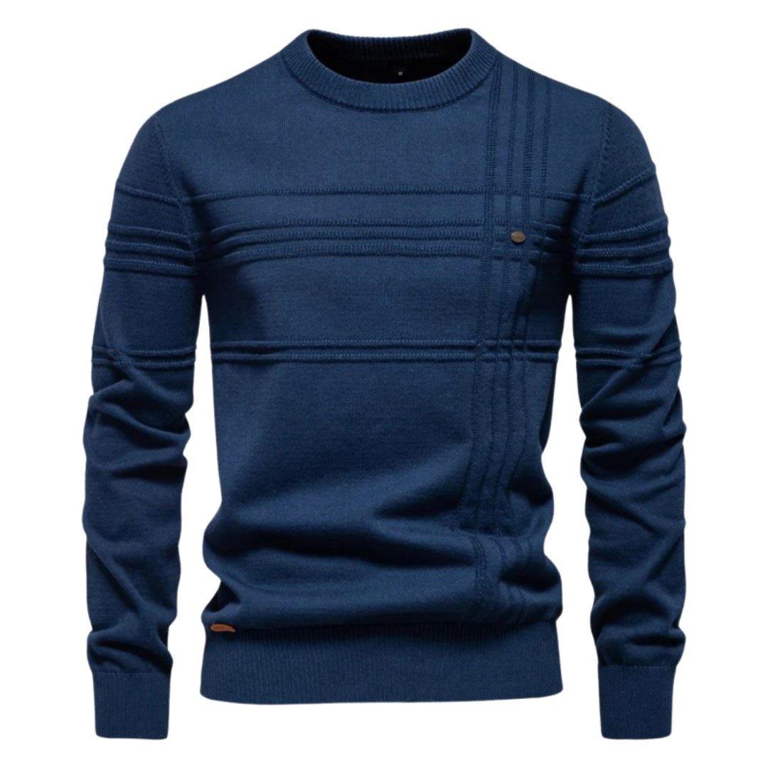 Edmund | Men's Jumper with Check Pattern, Classic Knit Jumper | Bella Blue | Light Grey
