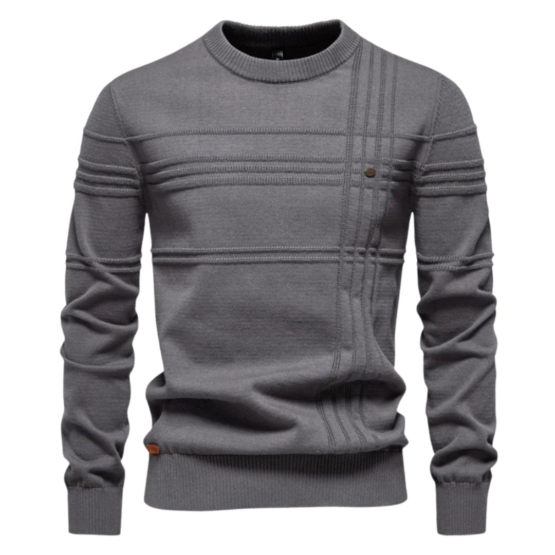 Edmund | Men's Jumper with Check Pattern, Classic Knit Jumper | Bella Blue | Light Grey