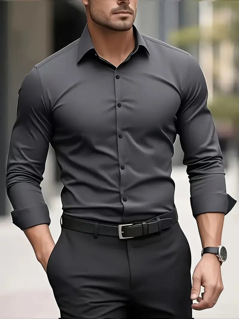 Edward | Men's Long-Sleeved Breathable Shirt, Slim-Fit Smart Shirt | Bella Blue | Dark grey