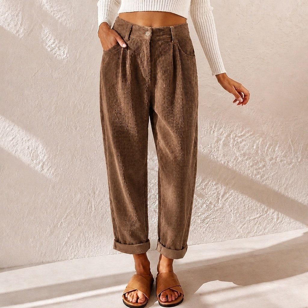Eliane | Women's High-Waist Wide-Leg Corduroy Trousers, Pleated Front Trousers | Bella Blue | Blue