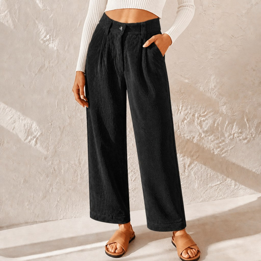Eliane | Women's High-Waist Wide-Leg Corduroy Trousers, Pleated Front Trousers | Bella Blue