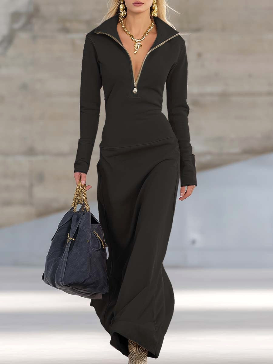 Eliza | Women's Maxi Dress with Long Sleeves and Zip Collar, Fitted Maxi Dress | Bella Blue