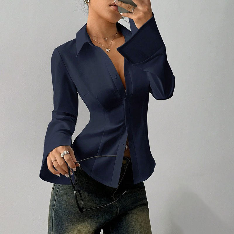 Ellie | Women's Fitted Shirt with Collar and V-Neckline, Long-Sleeve Blouse | Bella Blue