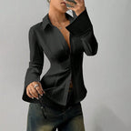 Ellie | Women's Fitted Shirt with Collar and V-Neckline, Long-Sleeve Blouse | Bella Blue