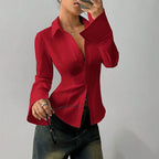 Ellie | Women's Fitted Shirt with Collar and V-Neckline, Long-Sleeve Blouse | Bella Blue