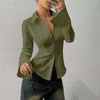 Ellie | Women's Fitted Shirt with Collar and V-Neckline, Long-Sleeve Blouse | Bella Blue