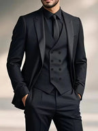 Elliot | Men's Slim-Fit Three-Piece Suit, Double-Breasted Waistcoat Trouser Suit | Bella Blue | Black