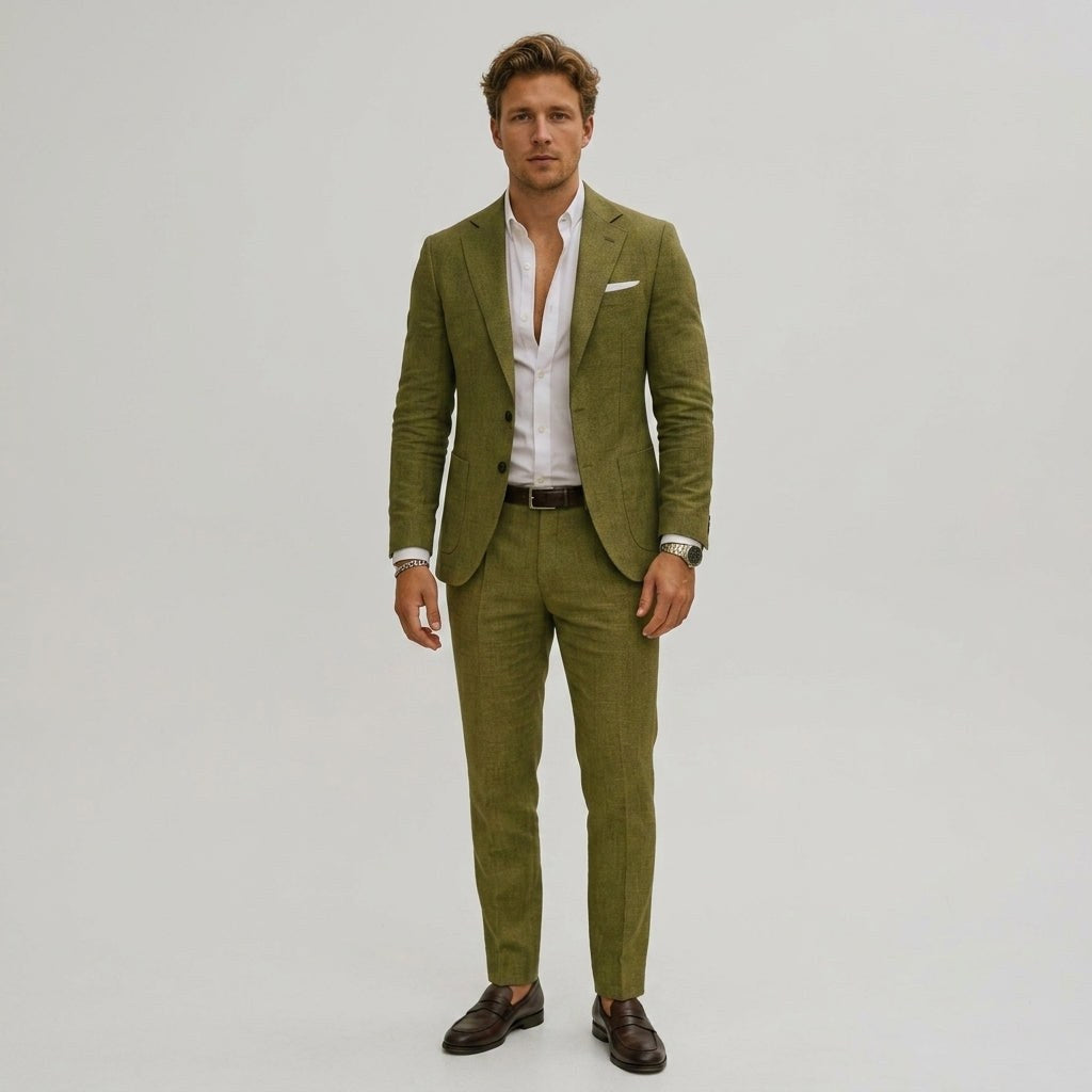Elliott | Men's Slim-Fit Two-Piece Suit, Olive Linen Trouser Suit | Bella Blue