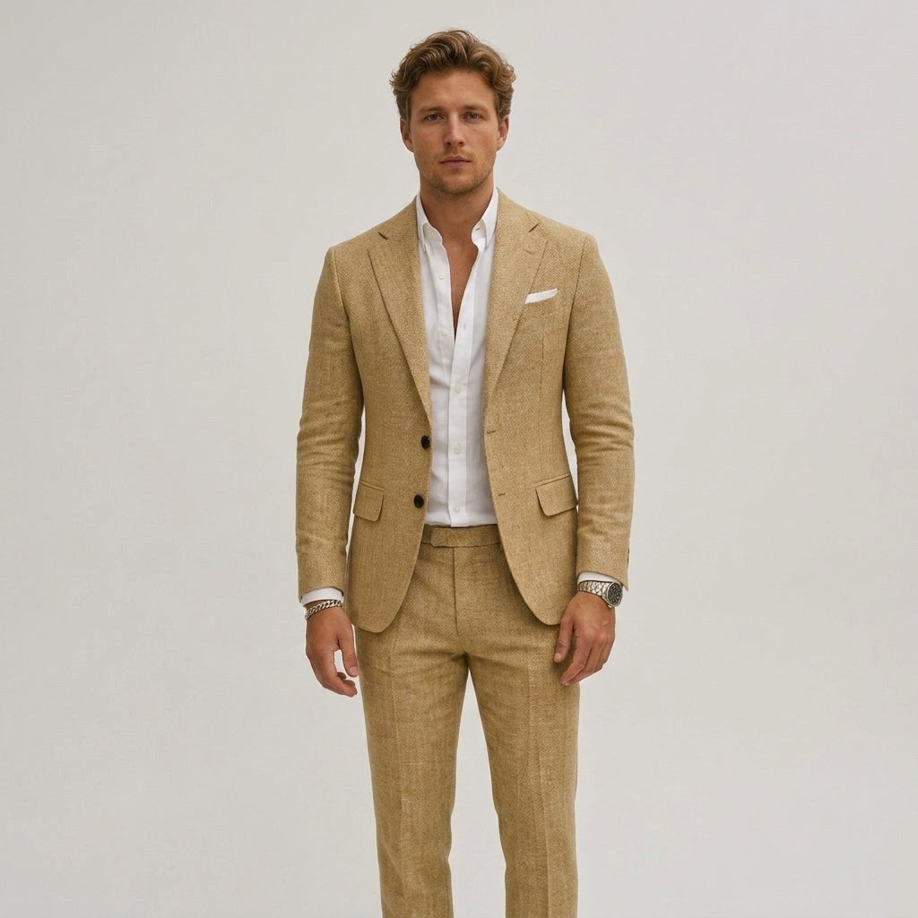 Elliott | Men's Slim-Fit Two-Piece Suit, Olive Linen Trouser Suit | Bella Blue