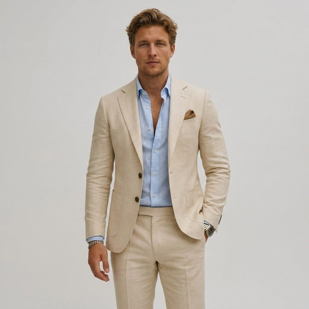 Elliott | Men's Slim-Fit Two-Piece Suit, Olive Linen Trouser Suit | Bella Blue